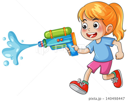 Young Girl Running and Playing with a Colorful Water Gun 140498447