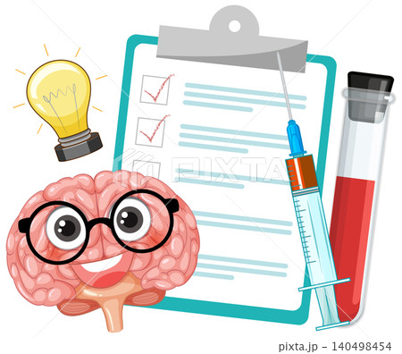 Cartoon Brain With Medical Checklist and Laboratory Equipment 140498454