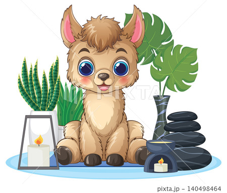 Cute Cartoon Alpaca Sitting with Spa Stones and Tropical Plants Cute Cartoon Alpaca Sitting with Spa Stones and Tropical Plants 140498464