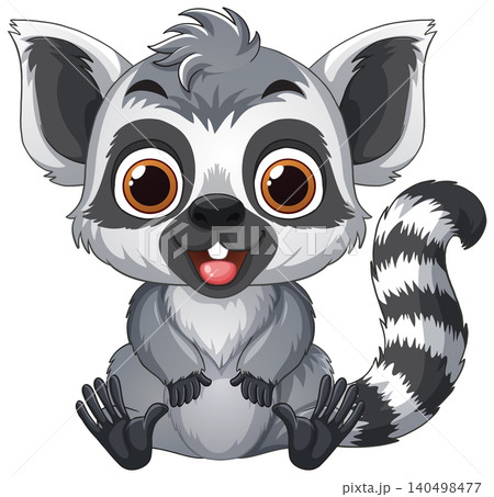 Cute Cartoon Ring-Tailed Lemur Sitting and Smiling on White Background 140498477