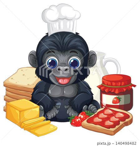 Cartoon Gorilla Chef with Bread Jam and Butter Breakfast Illustration Cartoon Gorilla Chef with Bread Jam and Butter Breakfast Illustration 140498482