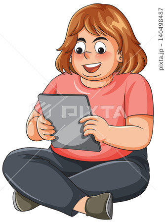 Smiling overweight woman sitting cross-legged while using a portable tablet device Smiling overweight woman sitting cross-legged while using a portable tablet device 140498487