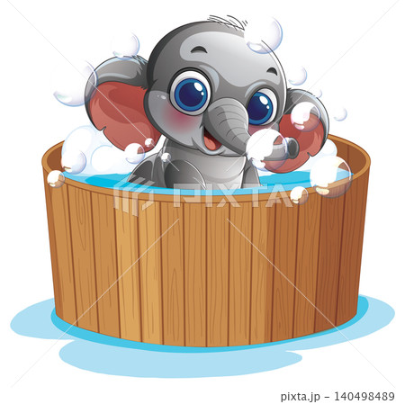 Cute Cartoon Baby Elephant Taking a Bath in a Wooden Tub Cute Cartoon Baby Elephant Taking a Bath in a Wooden Tub 140498489