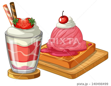 Strawberry Parfait and Belgian Waffle with Pink Ice Cream and Cherry Strawberry Parfait and Belgian Waffle with Pink Ice Cream and Cherry 140498499