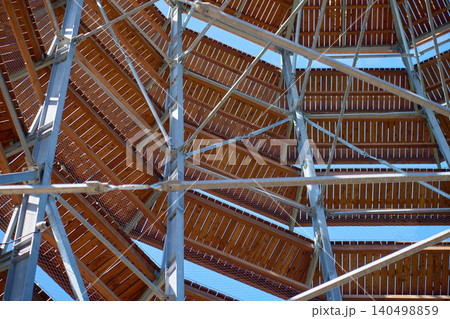 Inside wooden observation tower with metal beams Inside wooden observation tower with metal beams 140498859