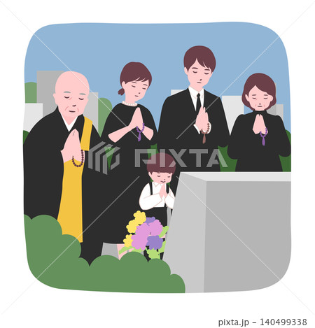 【ライフステージ】家族や親戚で法事のお墓参りをするイラスト素材 140499338