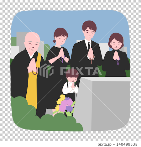 【ライフステージ】家族や親戚で法事のお墓参りをするイラスト素材 140499338