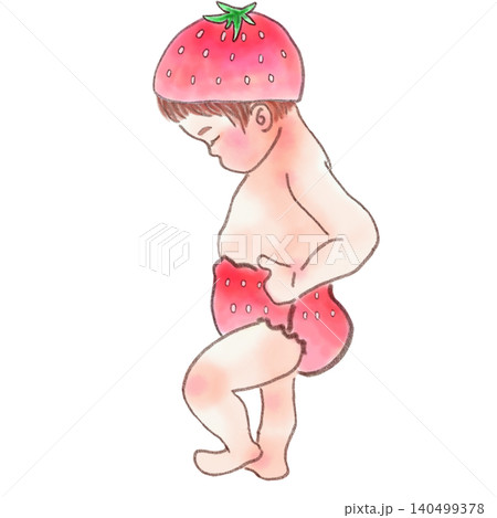 いちごの帽子とパンツを身に付けた可愛い赤ちゃんのイラスト 出産祝いや記念撮影素材 背景透過PNG 140499378