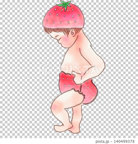 いちごの帽子とパンツを身に付けた可愛い赤ちゃんのイラスト 出産祝いや記念撮影素材 背景透過PNG 140499378