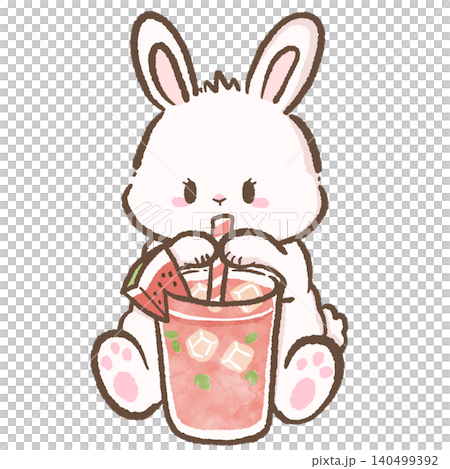 Cute Chibi Bunny Drinking Iced Watermelon Refresher With Mint and Ice Cubes Kawaii Summer Beverage Illustration for Stickers Scrapbooking and Journaling Cute Chibi Bunny Drinking Iced Watermelon Refresher With Mint and Ice Cubes Kawaii Summer Beverage Illustration for Stickers Scrapbooking and Journaling 140499392