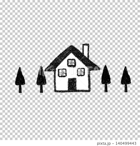 Four trees and a house with a triangular roof (black and white) Four trees and a house with a triangular roof (black and white) 140499443