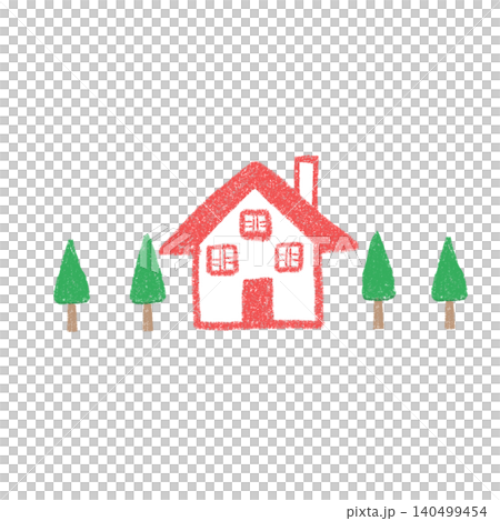 Four trees and a house with a triangular roof Four trees and a house with a triangular roof 140499454