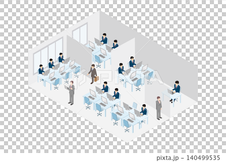 Isometric business office scene, desk work, business person, office worker, illustration material 140499535