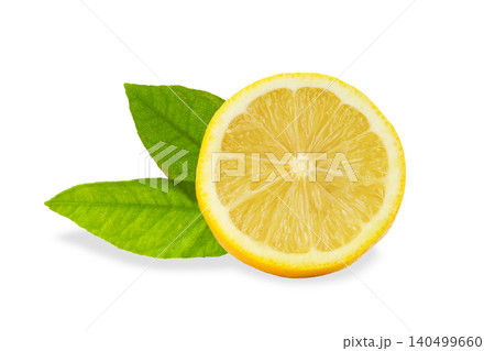Lemon slice with leaves showing juicy texture and color, on white Lemon slice with leaves showing juicy texture and color, on white 140499660
