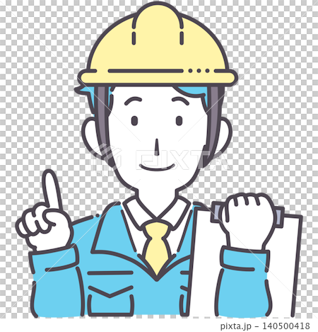 Simple illustration of a man in work clothes pointing with a document in one hand. Simple illustration of a man in work clothes pointing with a document in one hand. 140500418