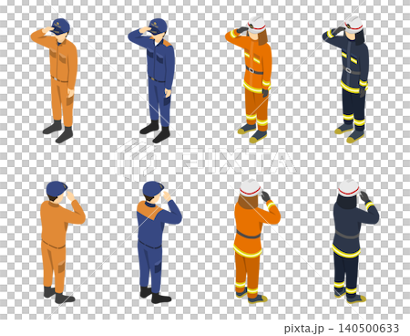 アイソメトリックイラスト：いろんな制服の消防士セット(敬礼) 140500633