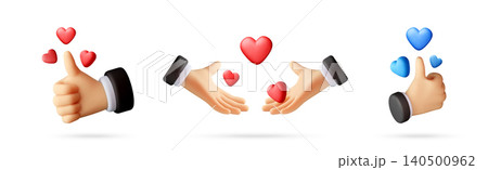 3D set of hands showing thumb up with hearts 140500962