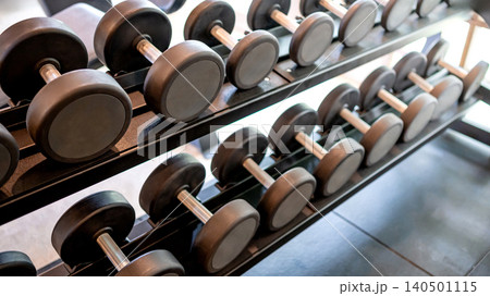 Set of dumbbells lined up by size on metal gym rack 140501115