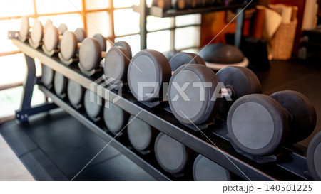 Set of dumbbells lined up by size on metal gym rack 140501225