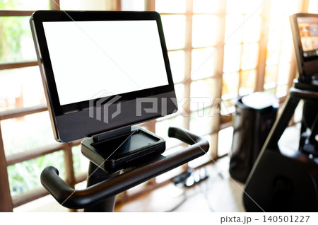 Blank white monitor screen on stationary exercise bike 140501227