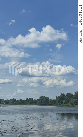 A deep river surrounded by trees and plants Thickets of reeds. Voluminous clouds 140501511