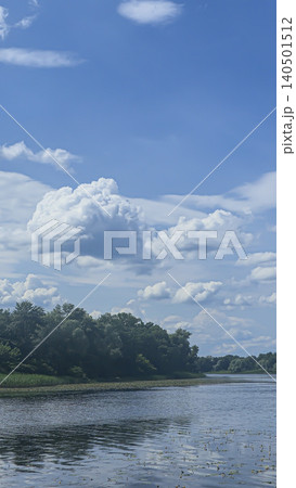 A deep river surrounded by trees and plants Thickets of reeds. Voluminous clouds 140501512