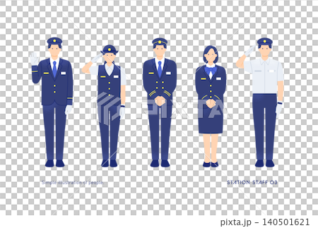 敬礼や手を振るポーズをする駅員 鉄道スタッフ男女5人のベクターイラストセット 敬礼や手を振るポーズをする駅員 鉄道スタッフ男女5人のベクターイラストセット 140501621