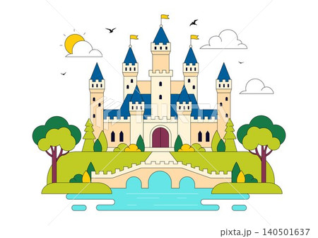Castle Vector Illustration Featuring Fairytale Royal Palace, Medieval Fortress Architecture, Fantasy Kingdom Landscape, and Historic Landmark Castle Vector Illustration Featuring Fairytale Royal Palace, Medieval Fortress Architecture, Fantasy Kingdom Landscape, and Historic Landmark 140501637