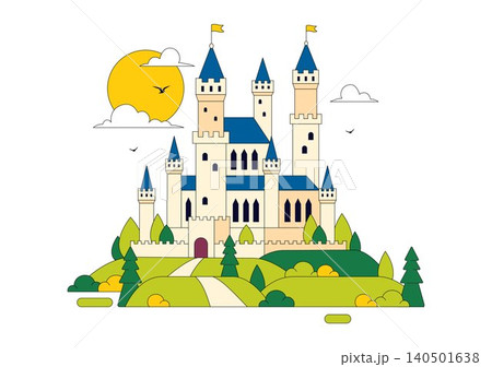 Castle Vector Illustration Featuring Fairytale Royal Palace, Medieval Fortress Architecture, Fantasy Kingdom Landscape, and Historic Landmark 140501638