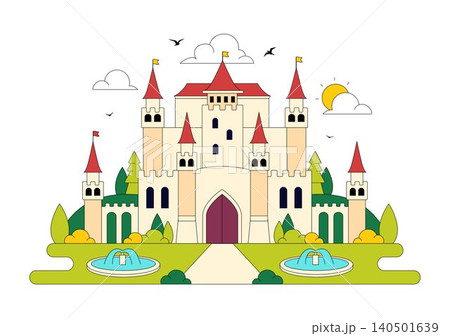 Castle Vector Illustration Featuring Fairytale Royal Palace, Medieval Fortress Architecture, Fantasy Kingdom Landscape, and Historic Landmark Castle Vector Illustration Featuring Fairytale Royal Palace, Medieval Fortress Architecture, Fantasy Kingdom Landscape, and Historic Landmark 140501639