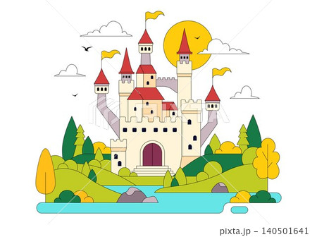 Castle Vector Illustration Featuring Fairytale Royal Palace, Medieval Fortress Architecture, Fantasy Kingdom Landscape, and Historic Landmark Castle Vector Illustration Featuring Fairytale Royal Palace, Medieval Fortress Architecture, Fantasy Kingdom Landscape, and Historic Landmark 140501641