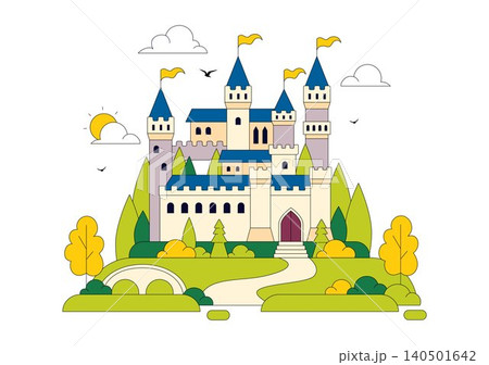 Castle Vector Illustration Featuring Fairytale Royal Palace, Medieval Fortress Architecture, Fantasy Kingdom Landscape, and Historic Landmark Castle Vector Illustration Featuring Fairytale Royal Palace, Medieval Fortress Architecture, Fantasy Kingdom Landscape, and Historic Landmark 140501642
