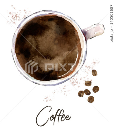 ブラックコーヒーとコーヒー豆の水彩イラスト 140501687