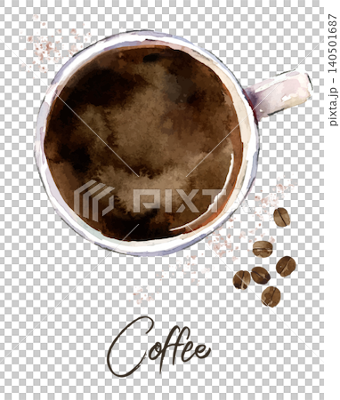 ブラックコーヒーとコーヒー豆の水彩イラスト 140501687