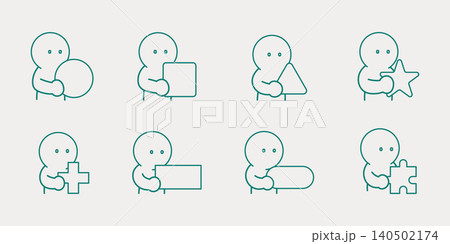 Cute green line art character set of 8 figures each holding different shapes including circle, square, triangle, star, plus, and puzzle piece. Perfect for UI, education, app design, and infographic co 140502174