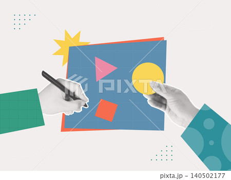 Halftone collage of two hands designing with geometric shapes on a canvas, representing visual storytelling and creative design. Perfect for marketing, branding, media, and content creation content. 140502177