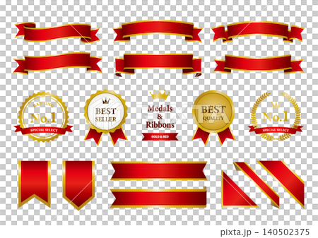 Luxury red and gold ribbon and No. 1 medal/badge set (ranking/award-winning material) Luxury red and gold ribbon and No. 1 medal/badge set (ranking/award-winning material) 140502375