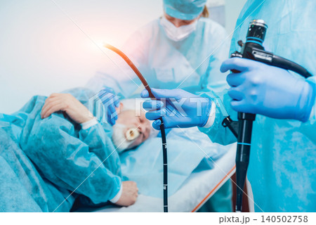 Endoscopy at the hospital. Doctor holding endoscope before gastroscopy 140502758