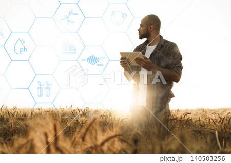 Smart farm worker using technology to monitor crops during sunset Smart farm worker using technology to monitor crops during sunset 140503256