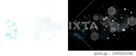 Abstract hexagonal bokeh lights on transparent or black background with blue and white tones 140503290