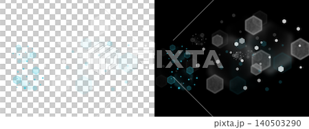 Abstract hexagonal bokeh lights on transparent or black background with blue and white tones 140503290