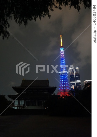 青くライトアップされた東京タワーと増上寺 6月港区2501サムライブルーの東京タワーと増上寺 青くライトアップされた東京タワーと増上寺 6月港区2501サムライブルーの東京タワーと増上寺 140503494