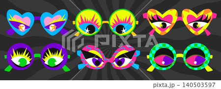 Retro sunglasses, groovy heart frames and pattern 140503597