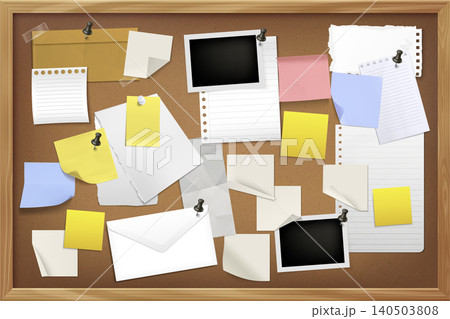 Realistic paper memo notes pinned to cork board 140503808