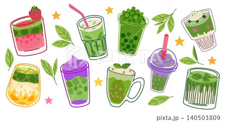 Matcha green drink icons, doodle illustration Matcha green drink icons, doodle illustration 140503809