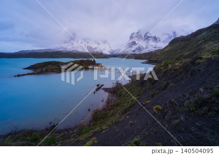 Patagonia fjord, snow mountain, turquoise water, twilight landscape Patagonia fjord, snow mountain, turquoise water, twilight landscape 140504095