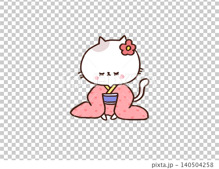 A cat (like a borrowed cat) sitting in a seiza position in a kimono, bowing with three fingers raised. A cat (like a borrowed cat) sitting in a seiza position in a kimono, bowing with three fingers raised. 140504258