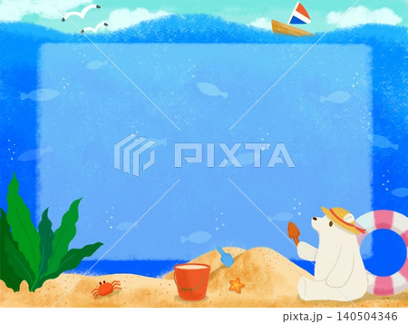 海で砂遊びをするシロクマ（フレーム付） 140504346