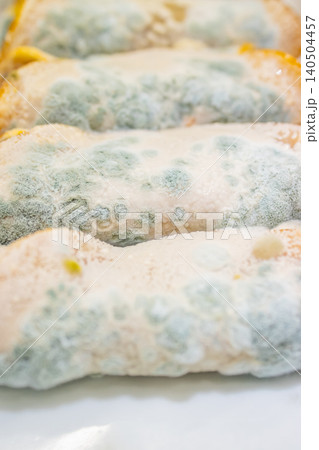 Close-Up View of Moldy Dumplings Showing Clear Signs of Fungal Growth and Spoilage on the Surface, Emphasizing Food Safety Concerns and Hygiene Issues Close-Up View of Moldy Dumplings Showing Clear Signs of Fungal Growth and Spoilage on the Surface, Emphasizing Food Safety Concerns and Hygiene Issues 140504457