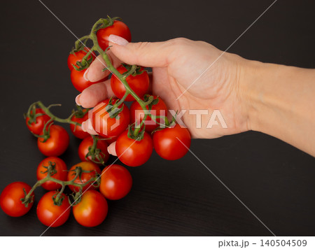 fresh tomatoes in female hand fresh tomatoes in female hand 140504509